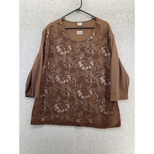 Adrian Delafield Women's Blouse Brown Pullover Lace Overlay Lined Plus Size 3X